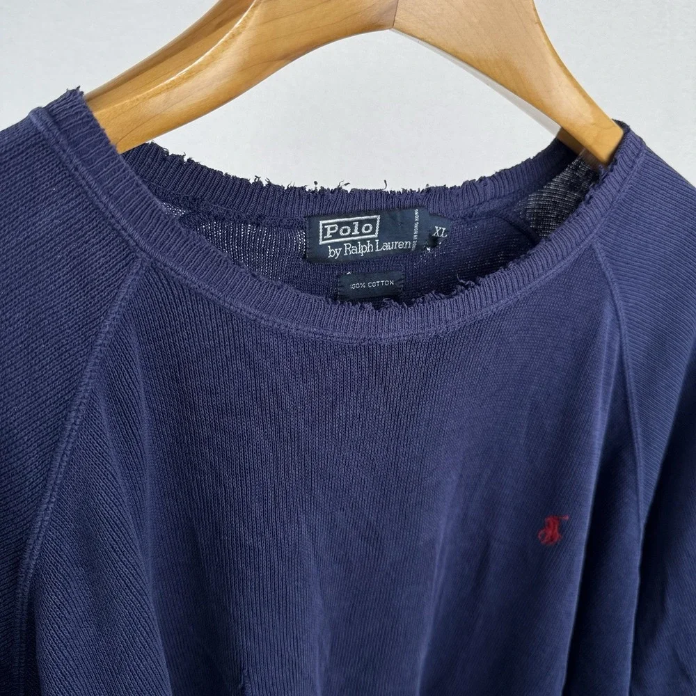 90's‎ Vtg Polo Ralph Lauren Raglan Short Sleeve Sweatshirt Blue XL *Distressed